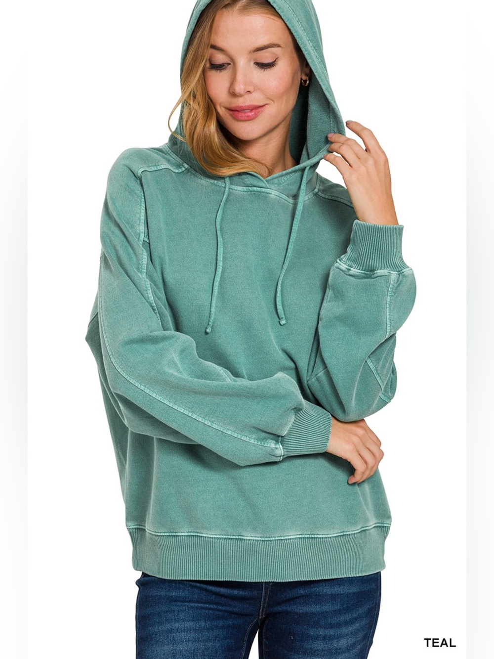 Zenana Teal Pigment Dye & Enzyme Washed French Terry Hoodie